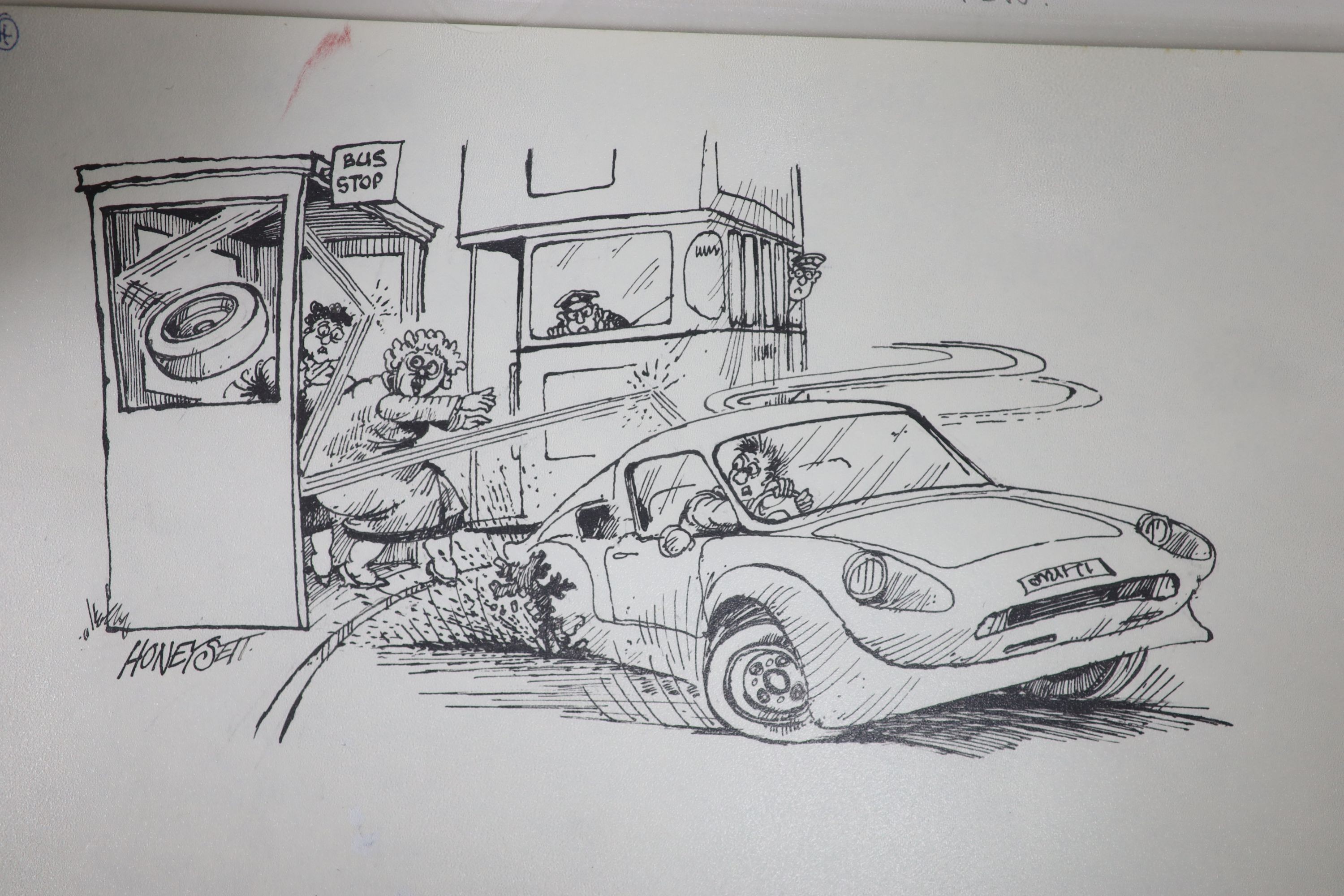 Martin Honeysett (b.1943-), four original cartoons, 'when I get my licence back..' (Kitcars Oct. 82), Kit Wit (Kitcars 1982), obstructed view (Kitcars Nov 82), and loose wheel, signed, 20.5 x 30cm, unframed.